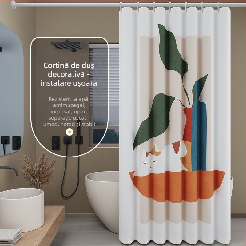 Set perdea de duș - impermeabil, instalare fără găuri, rezistent la mucegai și umezeală, poliester, model abstract cu blocuri colorate inspirat de pisici