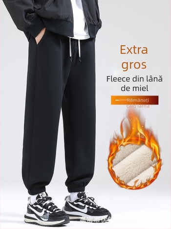 Pantaloni de iarnă pentru bărbați din bumbac cu căptușeală fleece, croială lejeră, talie medie, șnur la talie, manșete la gleznă, buzunare cu detalii
