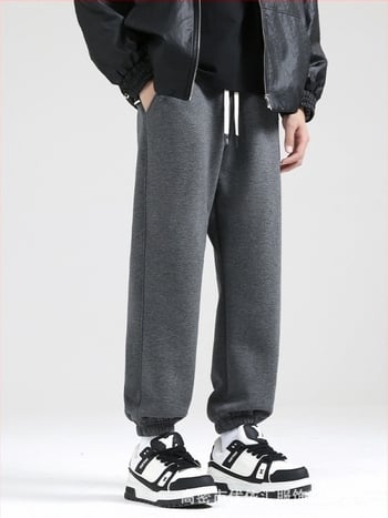 Pantaloni de iarnă pentru bărbați din bumbac cu căptușeală fleece, croială lejeră, talie medie, șnur la talie, manșete la gleznă, buzunare cu detalii