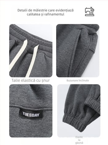 Pantaloni de iarnă pentru bărbați din bumbac cu căptușeală fleece, croială lejeră, talie medie, șnur la talie, manșete la gleznă, buzunare cu detalii