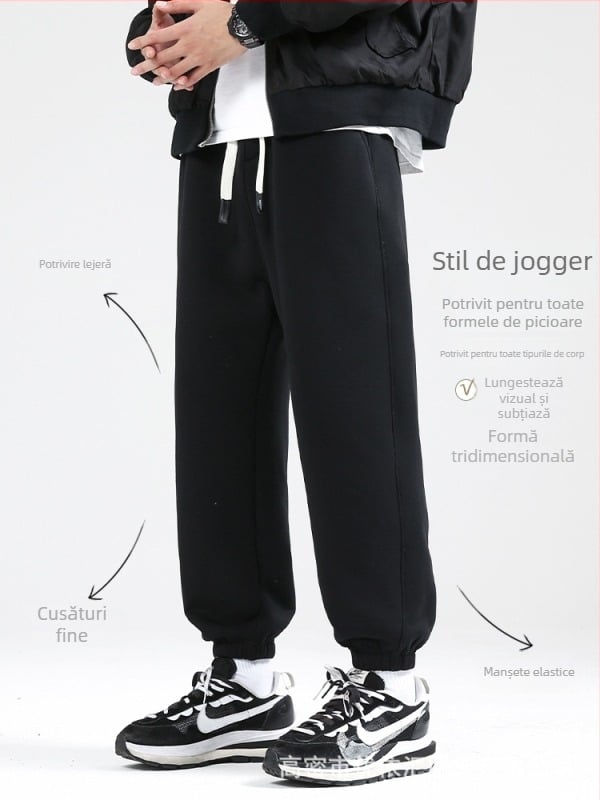 Pantaloni de iarnă pentru bărbați din bumbac cu căptușeală fleece, croială lejeră, talie medie, șnur la talie, manșete la gleznă, buzunare cu detalii