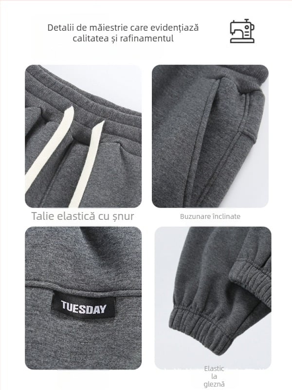 Pantaloni de iarnă pentru bărbați din bumbac cu căptușeală fleece, croială lejeră, talie medie, șnur la talie, manșete la gleznă, buzunare cu detalii