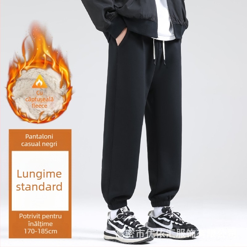 Pantaloni de iarnă pentru bărbați din bumbac cu căptușeală fleece, croială lejeră, talie medie, șnur la talie, manșete la gleznă, buzunare cu detalii