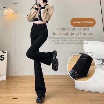 Blugi negri cu căptușeală fleece, evazați pentru toamnă-iarnă, mărime mare, talie înaltă, subțiază vizual și alungește silueta, croială ușor evazată