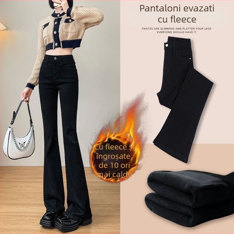 Blugi negri cu căptușeală fleece, evazați pentru toamnă-iarnă, mărime mare, talie înaltă, subțiază vizual și alungește silueta, croială ușor evazată