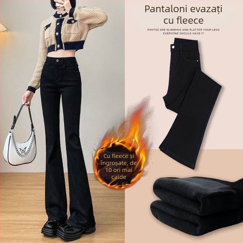 Blugi negri cu căptușeală fleece, evazați pentru toamnă-iarnă, mărime mare, talie înaltă, subțiază vizual și alungește silueta, croială ușor evazată