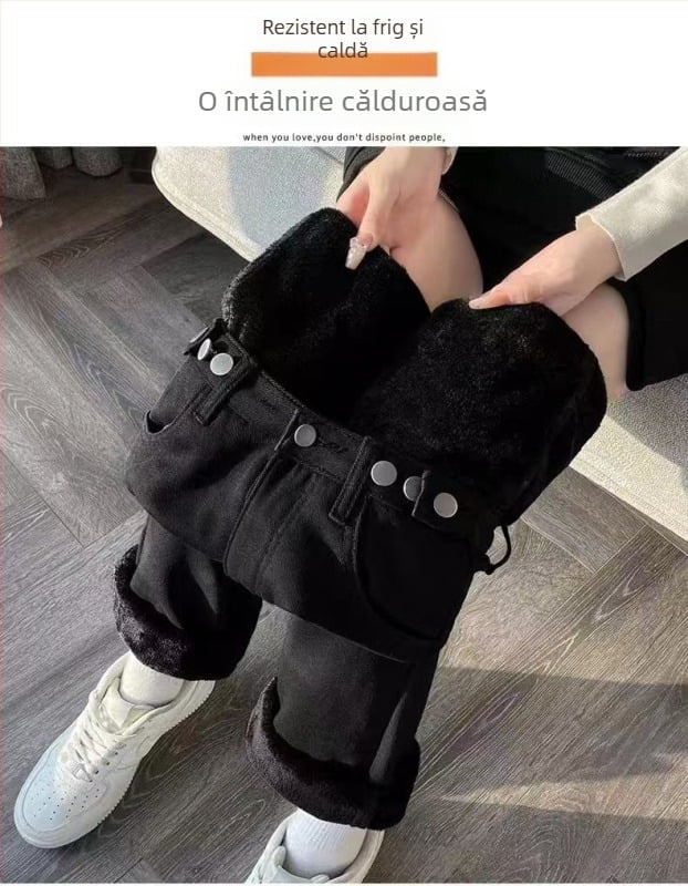 Jeansi dama talie înaltă, croială dreaptă, denim gros cu captuseală fleece, 70-80% bumbac și poliester