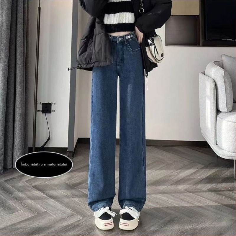 Jeansi dama talie înaltă, croială dreaptă, denim gros cu captuseală fleece, 70-80% bumbac și poliester