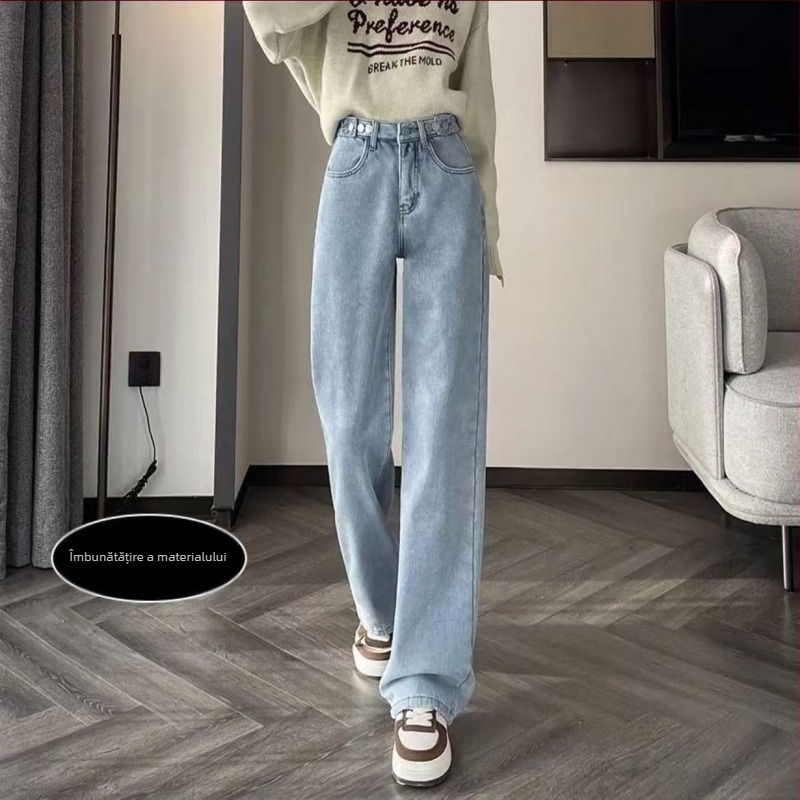 Jeansi dama talie înaltă, croială dreaptă, denim gros cu captuseală fleece, 70-80% bumbac și poliester