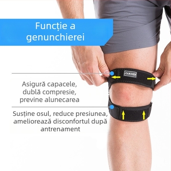 Genunchieră patelară cu amortizare și compresie; materiale: țesătură OK, SBR, Lycra spandex; închidere: cataramă magică; universal aplicabil; potrivită pentru alergare, ciclism, baschet, alpinism și fitness.