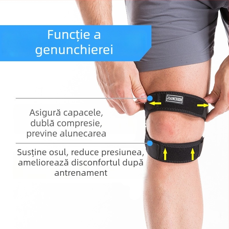 Genunchieră patelară cu amortizare și compresie; materiale: țesătură OK, SBR, Lycra spandex; închidere: cataramă magică; universal aplicabil; potrivită pentru alergare, ciclism, baschet, alpinism și fitness.