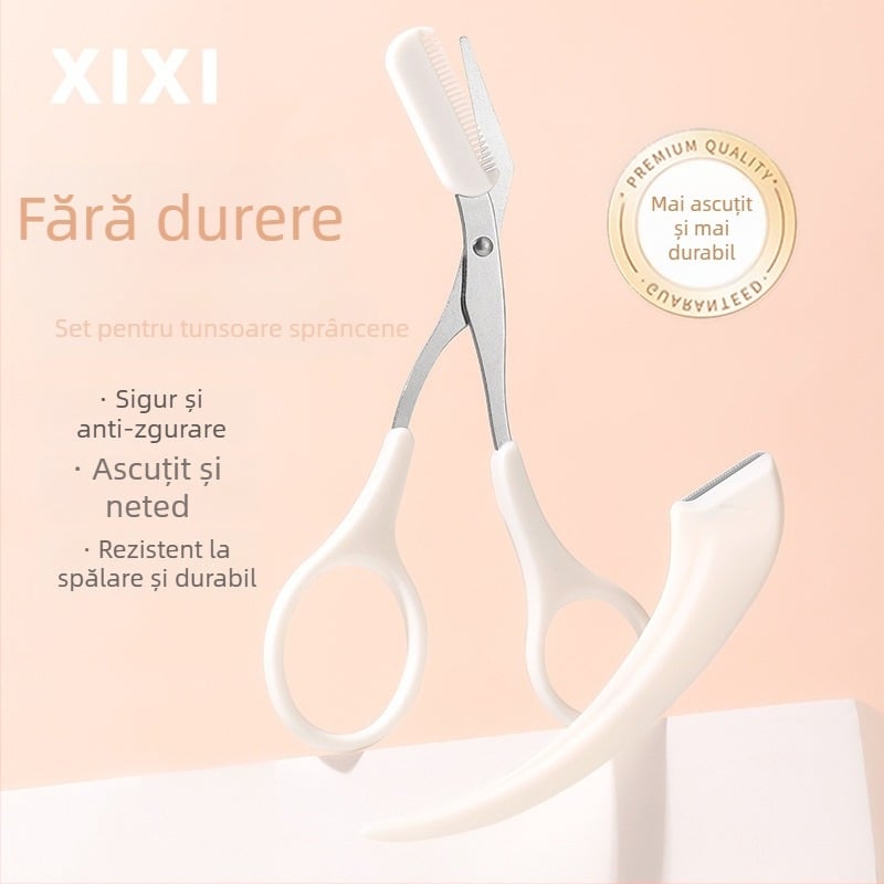Xixi kit pentru conturarea sprâncenelor, în formă semilunară, cu lame pentru sprâncene și foarfeci din oțel inoxidabil – Model GJ-144