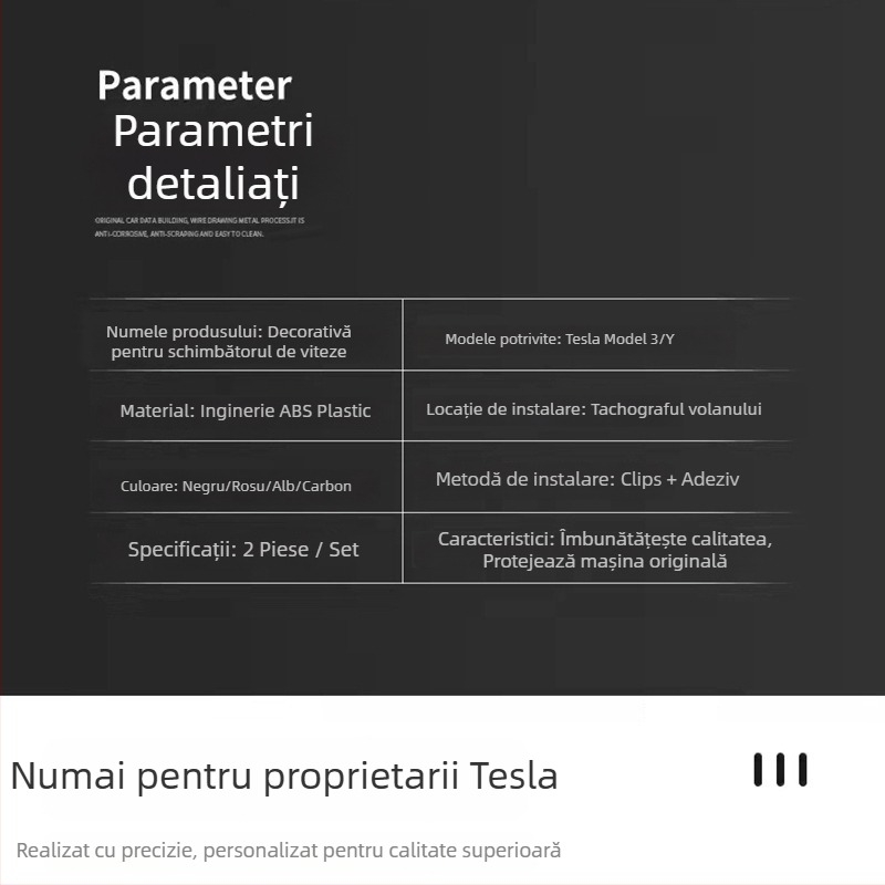 Kit interior Tesla Model 3/Y – inserții decorative pentru schimbător, volan și ștergător, ABS, model 22, logo personalizabil, etichetă privată licențiată