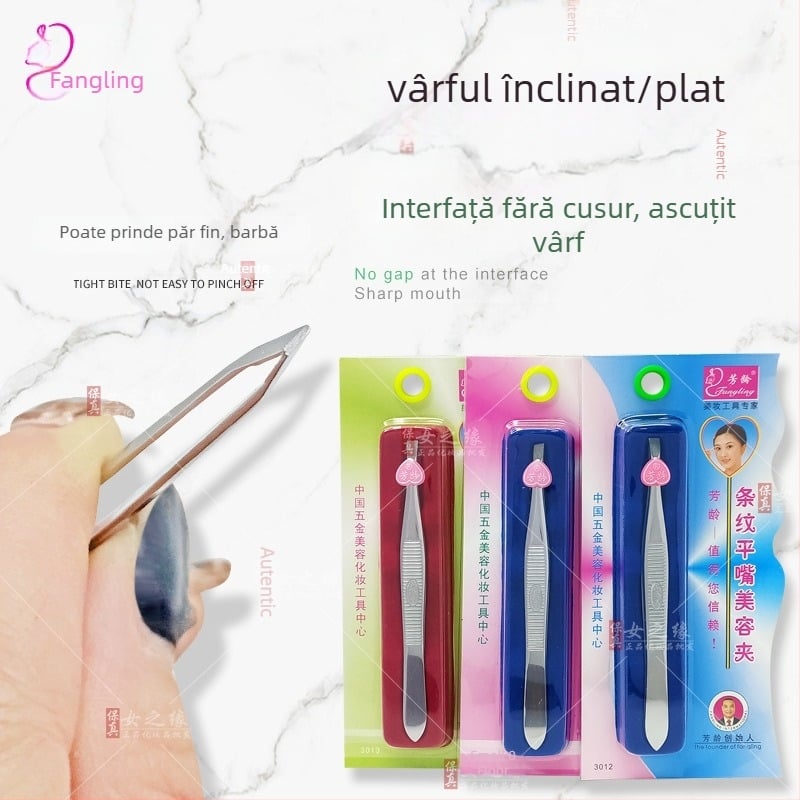 Pensetă Fenling pentru sprâncene cu vârfuri plate și înclinate | Unealtă de frumusețe din oțel inoxidabil pentru modelarea sprâncenelor și îndepărtarea părului facial