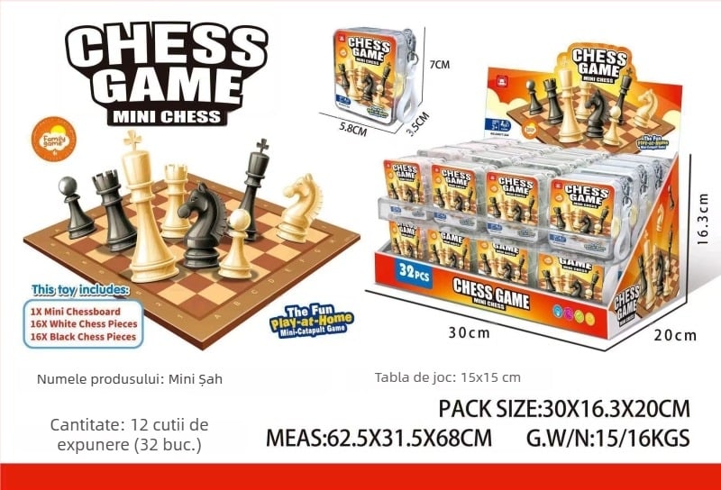 Joc de șah mini pentru copii, de masă, educațional și portabil (Material: Plastic; Utilizare: Interior; Vârsta: 4–14 ani)