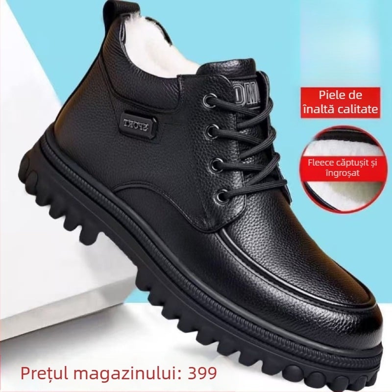 Ghete de iarnă pentru bărbați, bocanci din piele, înălțime mare, căptușeală din pluș, partea superioară din piele split, talpă TPR vulcanizată, anti-derapare