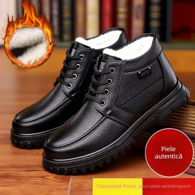 Ghete de iarnă pentru bărbați, bocanci din piele, înălțime mare, căptușeală din pluș, partea superioară din piele split, talpă TPR vulcanizată, anti-derapare
