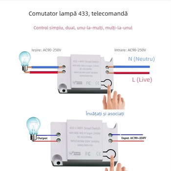 Comutator wireless inteligent cu temporizator și control dual, control RF433 și aplicație mobilă, 90-265V, 10A