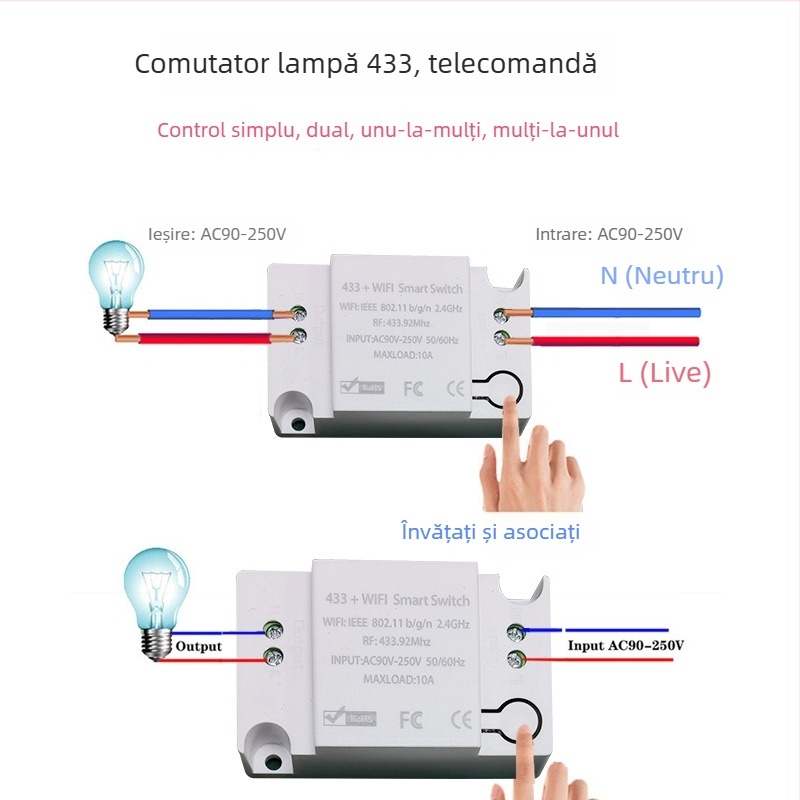 Comutator wireless inteligent cu temporizator și control dual, control RF433 și aplicație mobilă, 90-265V, 10A