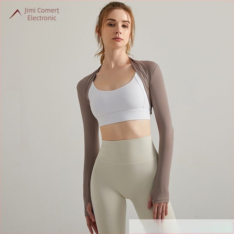 Top sport feminin, scurt, cu cardigan-șal pentru yoga și fitness – uscare rapidă, amestec poliester 90%