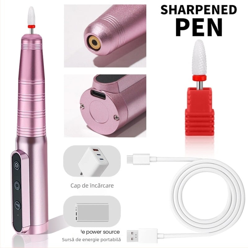 Grinder portabil pentru unghii, îndepărtarea pielii moarte, design stil pix, corp din plastic și oțel inoxidabil, baterie 1200mAh