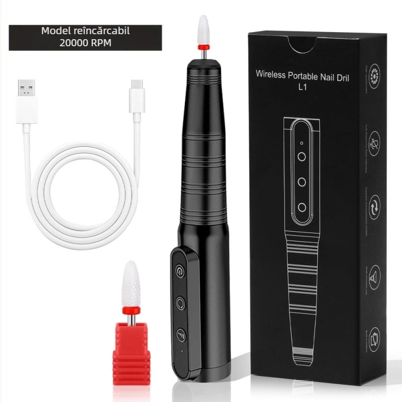 Grinder portabil pentru unghii, îndepărtarea pielii moarte, design stil pix, corp din plastic și oțel inoxidabil, baterie 1200mAh