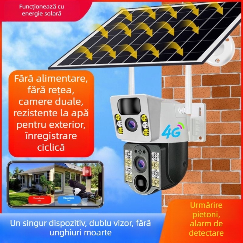 Cameră solară de exterior cu consum redus, rezoluție 3MP/2K, iluminare minimă 0.005 lux, acces de la distanță prin aplicația mobilă