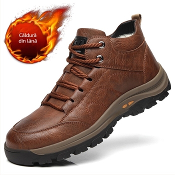 Ghete Martin din piele pentru bărbați, din piele de vită cu două straturi, talpă din cauciuc, căptușeală lână-cashmir, iarnă
