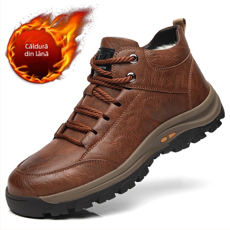 Ghete Martin din piele pentru bărbați, din piele de vită cu două straturi, talpă din cauciuc, căptușeală lână-cashmir, iarnă
