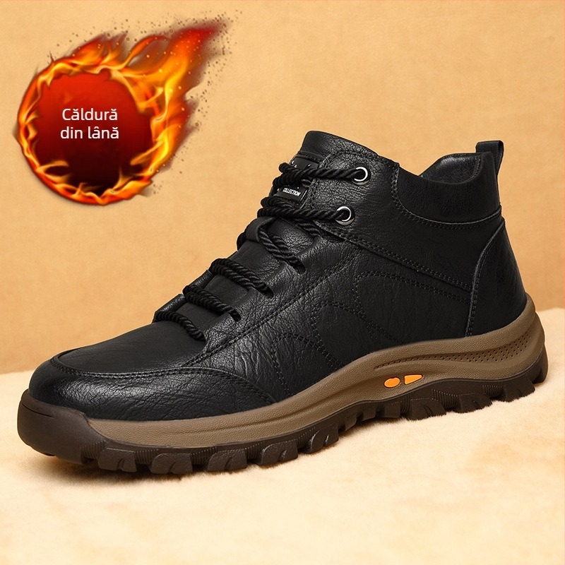 Ghete Martin din piele pentru bărbați, din piele de vită cu două straturi, talpă din cauciuc, căptușeală lână-cashmir, iarnă