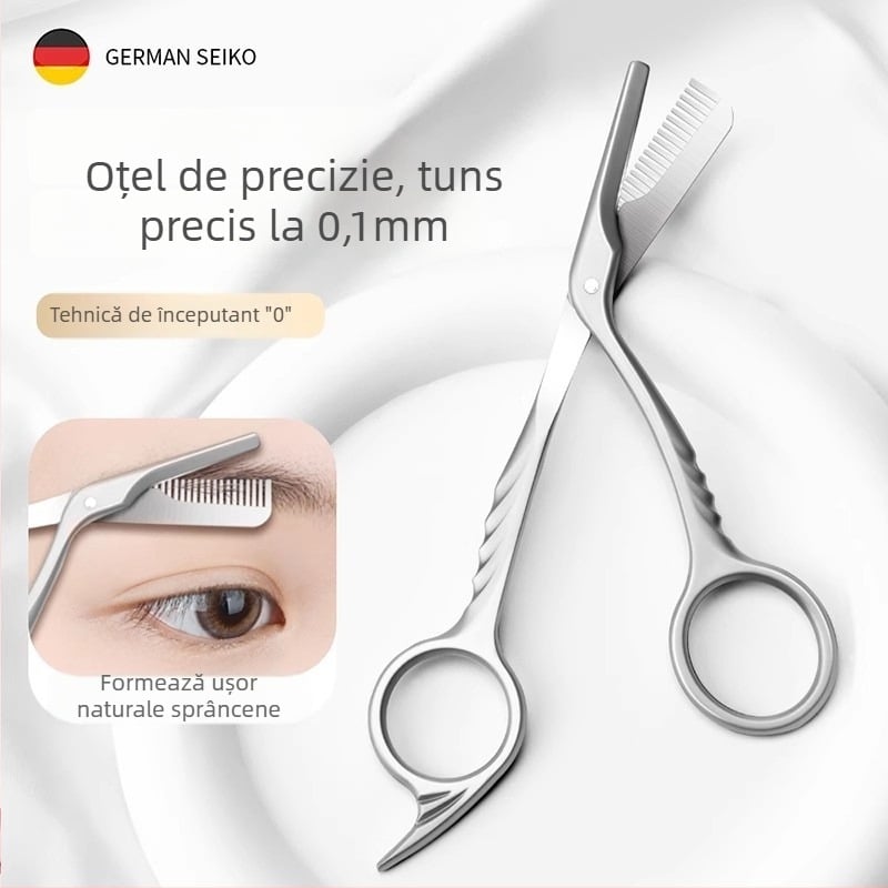 Foarfec pentru sprâncene cu pieptene — două într-unul, oțel inoxidabil turnat prin die-cast, anti-zgâriere, 35,7 g