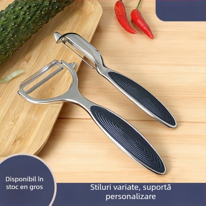 Descojitor de fructe din aliaj de zinc cu logo imprimat; materiale: aliaj de zinc, PP, oțel inoxidabil; funcție: Altele