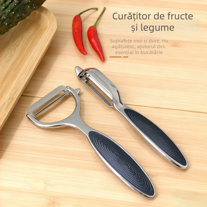 Descojitor de fructe din aliaj de zinc cu logo imprimat; materiale: aliaj de zinc, PP, oțel inoxidabil; funcție: Altele