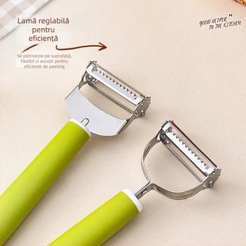 Un instrument de bucătărie multifuncțional: răzuitor și curățător pentru fructe și legume, două în una, Platinum, oțel inoxidabil 420/304+410, mâner PP