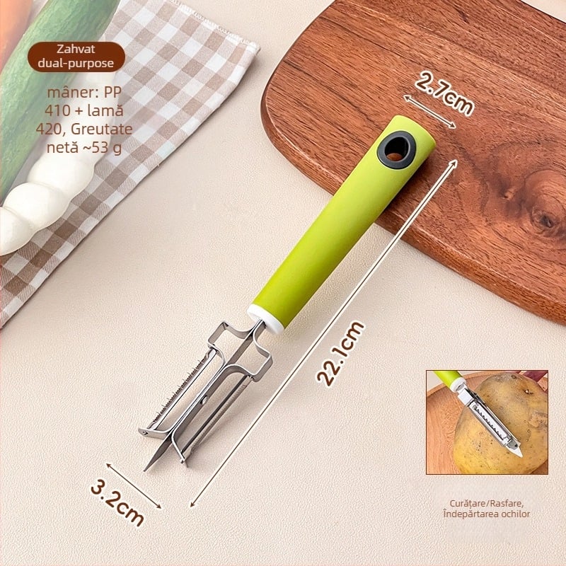 Un instrument de bucătărie multifuncțional: răzuitor și curățător pentru fructe și legume, două în una, Platinum, oțel inoxidabil 420/304+410, mâner PP