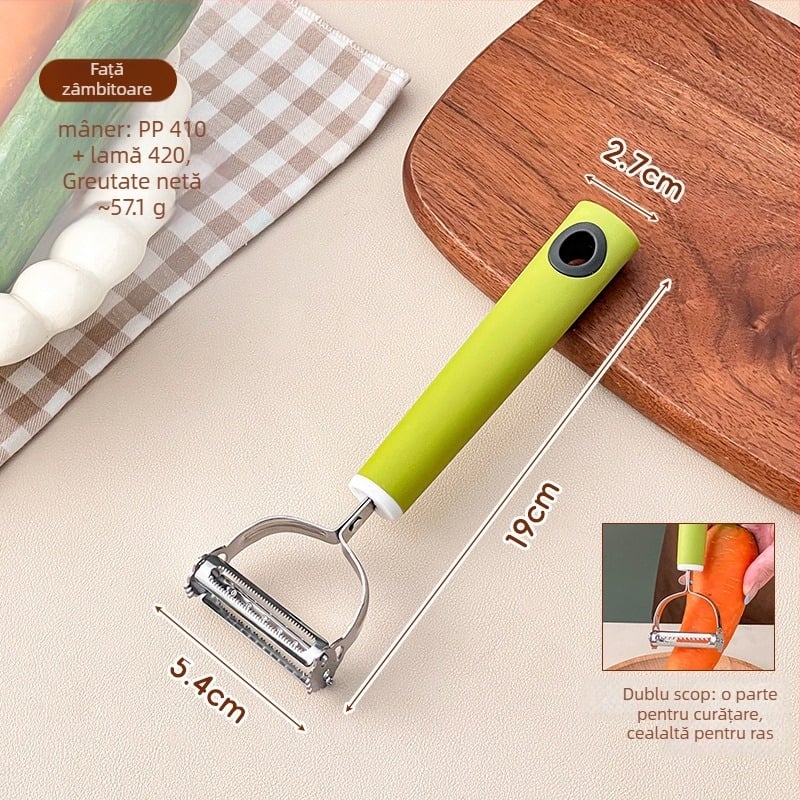 Un instrument de bucătărie multifuncțional: răzuitor și curățător pentru fructe și legume, două în una, Platinum, oțel inoxidabil 420/304+410, mâner PP