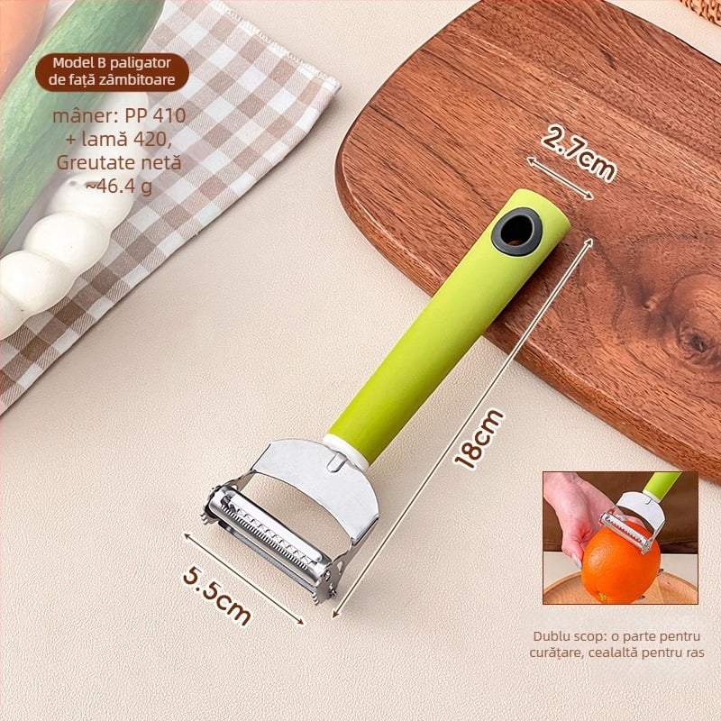 Un instrument de bucătărie multifuncțional: răzuitor și curățător pentru fructe și legume, două în una, Platinum, oțel inoxidabil 420/304+410, mâner PP