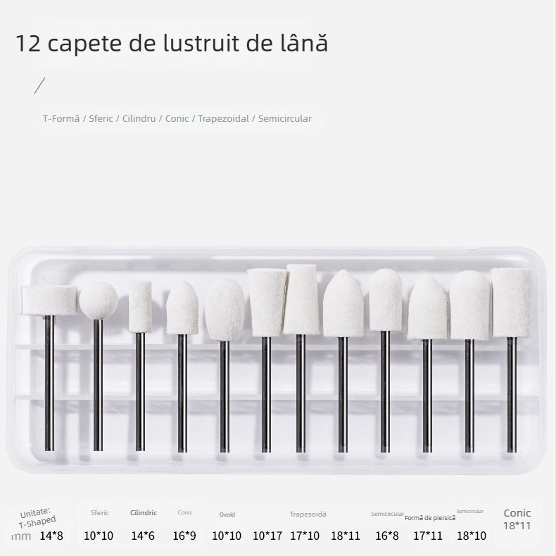 Cap de șlefuit din lână pentru unghii — set de 12 unelte pentru șlefuire electrică a unghiilor