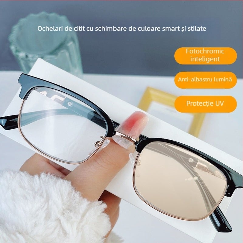 Ochelari de lectura cu lentile fotochromice și protecție împotriva luminii albastre, lentile policarbonat, cadru full-frame pătrat, ramă TR+metal
