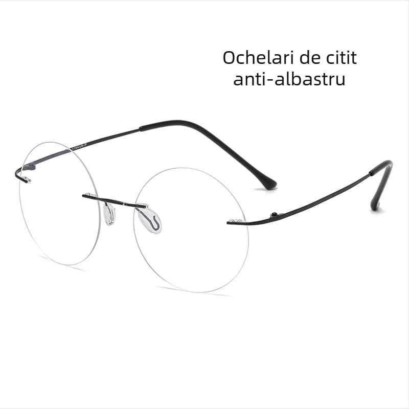 Ochelari de citit fără ramă, rotunzi, lentile PC anti-lumină albastră, ultra-ușori