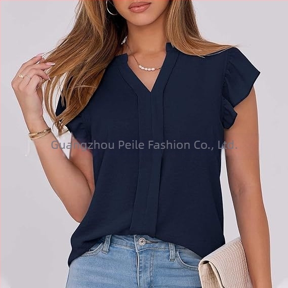 Bluza cu decolteu în V, stil pulover, mâneci scurte cu frunze de lotus, țesătură poliester-spandex