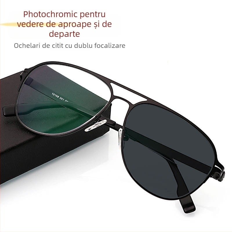 Ochelari de citit cu lentile din rășină, schimbătoare de culoare, protecție UV, pentru distanță și aproape, ramă metalică integrală