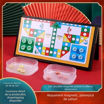 Șah magnetic zburător – tablă pliabilă portabilă, suprafață imprimată gravură, piese magnetice, jucărie educativă pentru copii 7–14 ani