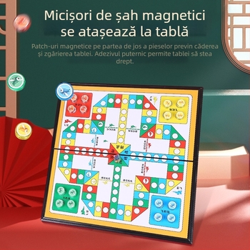 Șah magnetic zburător – tablă pliabilă portabilă, suprafață imprimată gravură, piese magnetice, jucărie educativă pentru copii 7–14 ani