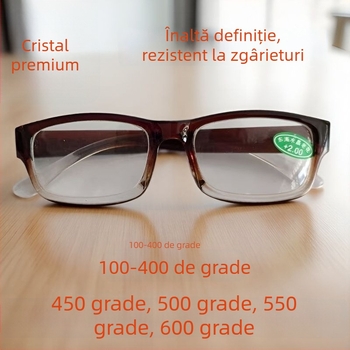 Ochelari de lectura cu lentile din cristal, ramă integrală, formă pătrată, dioptriile 4.50/5.00/5.50/6.00 D, ramă din policarbonat