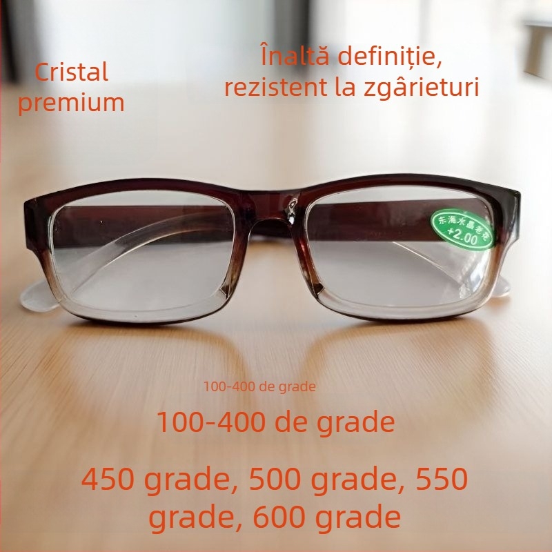 Ochelari de lectura cu lentile din cristal, ramă integrală, formă pătrată, dioptriile 4.50/5.00/5.50/6.00 D, ramă din policarbonat