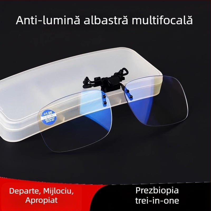Ochelari clip pentru presbiopie, lentile din rășină, multifocale, anti-lumină albastră, ramă pătrată