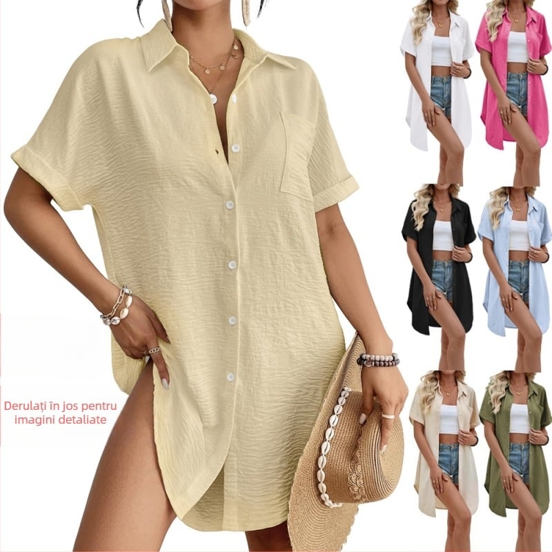 Cămașă polo, mâneci lungi, croială lejeră, închidere cu un nasture, lungime 50–65 cm