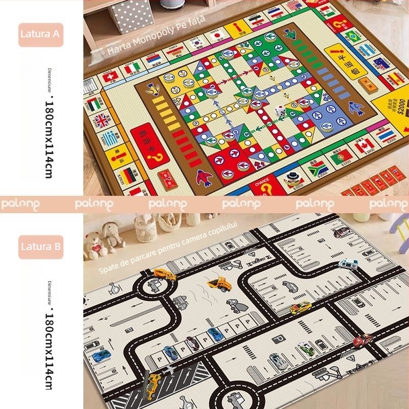Covor de joacă educativ, 3-in-1 pentru copii: jocuri Ludo și Monopoly, activitate de târâre, material PE