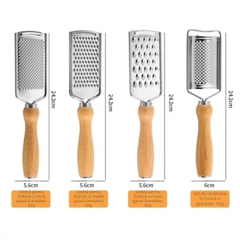 Râzător multifuncțional cu mâner rotund din stejar – oțel inoxidabil, pentru brânză, ghimbir și lămâie